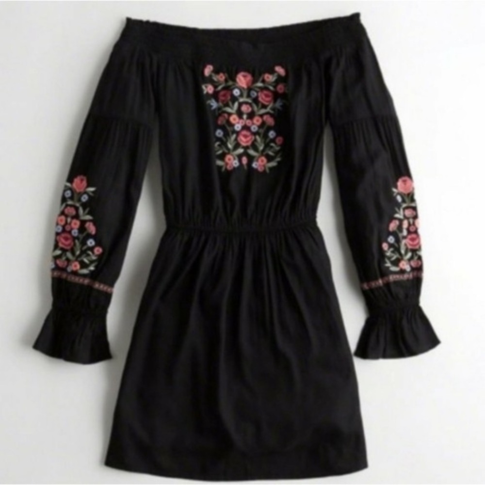 Hollister Rose Embroidered Off-Shoulder Black Boho Mini Dress
